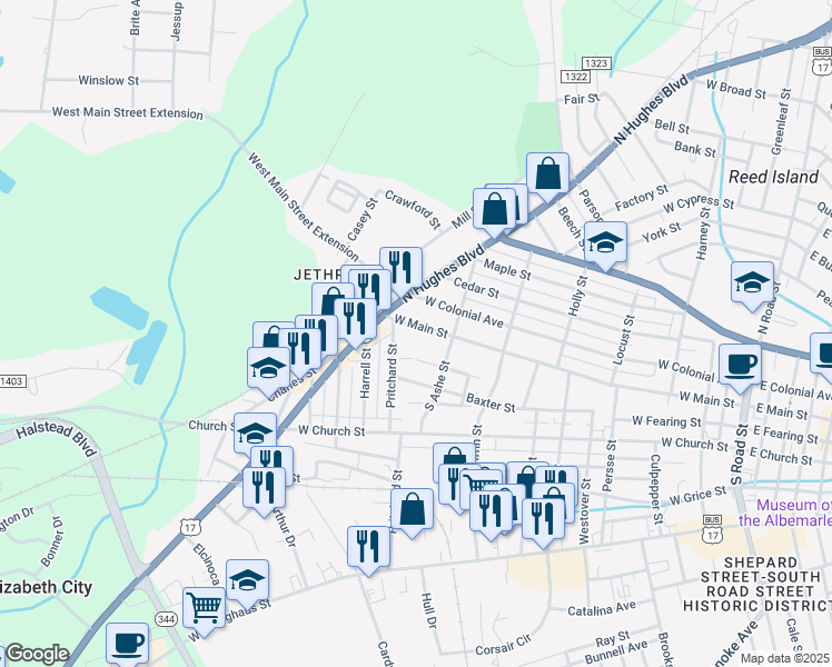 map of restaurants, bars, coffee shops, grocery stores, and more near 1111 West Main Street in Elizabeth City