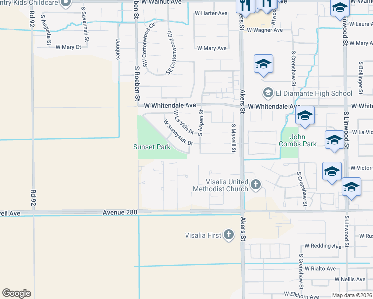 map of restaurants, bars, coffee shops, grocery stores, and more near 5626 West Sunnyside Drive in Visalia