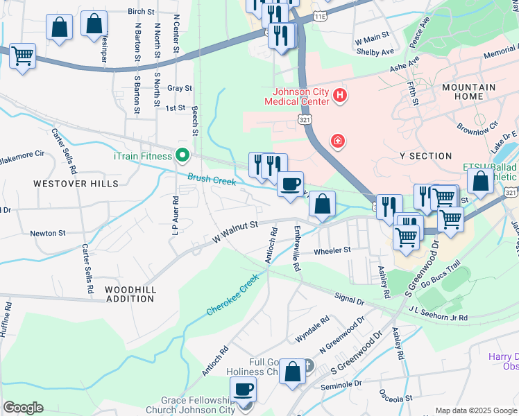 map of restaurants, bars, coffee shops, grocery stores, and more near 2203 McKinley Road in Johnson City