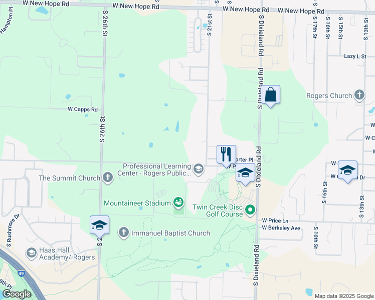 map of restaurants, bars, coffee shops, grocery stores, and more near 2111 West Perry Road in Rogers