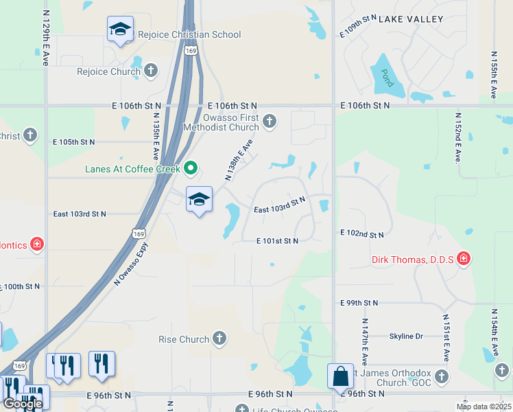 map of restaurants, bars, coffee shops, grocery stores, and more near 10305 North 140th East Avenue in Owasso