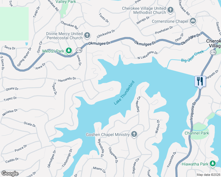 map of restaurants, bars, coffee shops, grocery stores, and more near 11 North Winnebago Circle in Cherokee Village