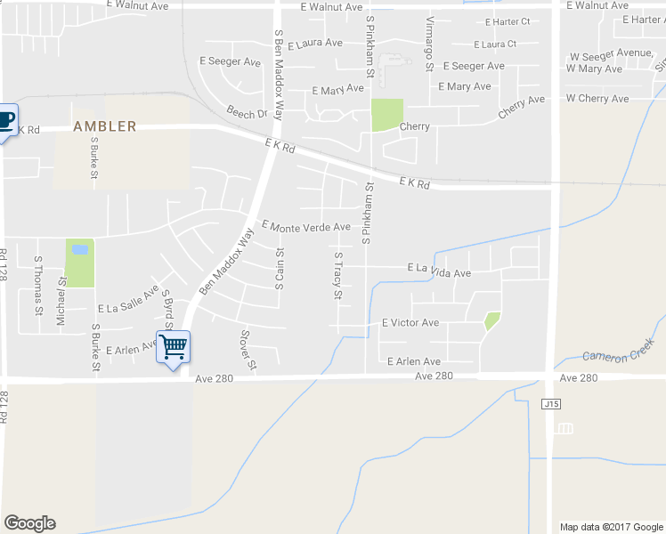 map of restaurants, bars, coffee shops, grocery stores, and more near 3103 South Tracy Street in Visalia