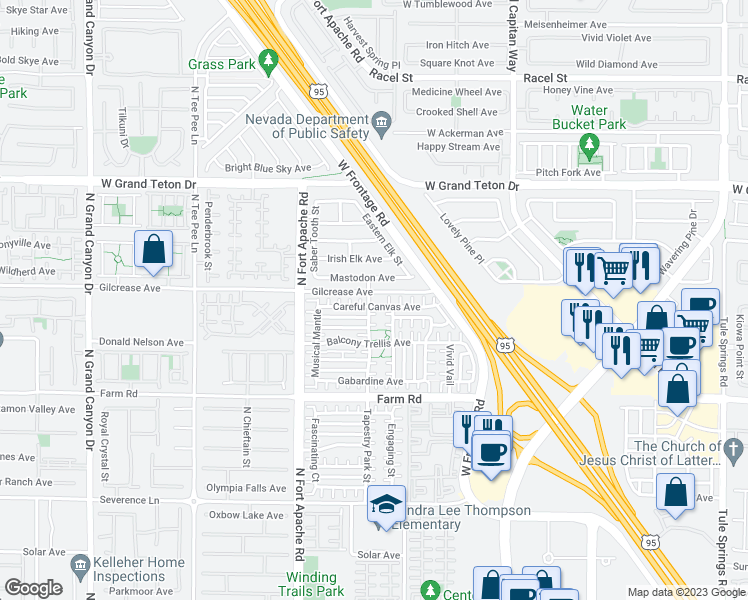 map of restaurants, bars, coffee shops, grocery stores, and more near 7757 North Mellow Motifs Court in Las Vegas