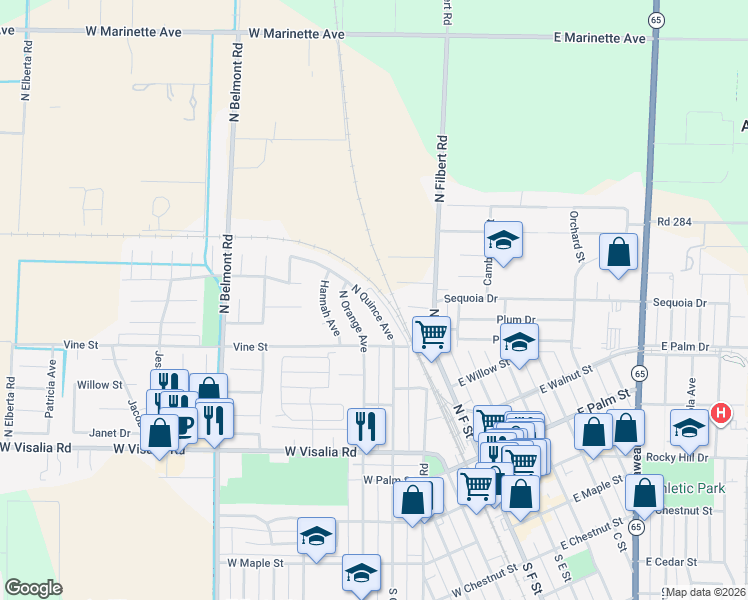 map of restaurants, bars, coffee shops, grocery stores, and more near 607 North Quince Avenue in Exeter