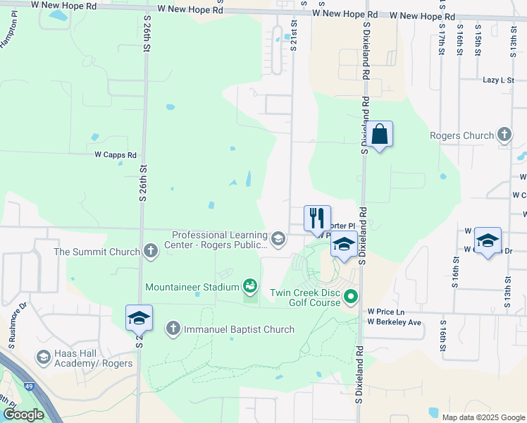 map of restaurants, bars, coffee shops, grocery stores, and more near 2111 W Perry Rd in Rogers