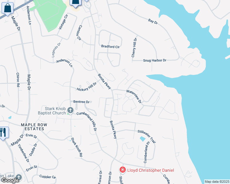 map of restaurants, bars, coffee shops, grocery stores, and more near 100 Waterview Drive in Hendersonville