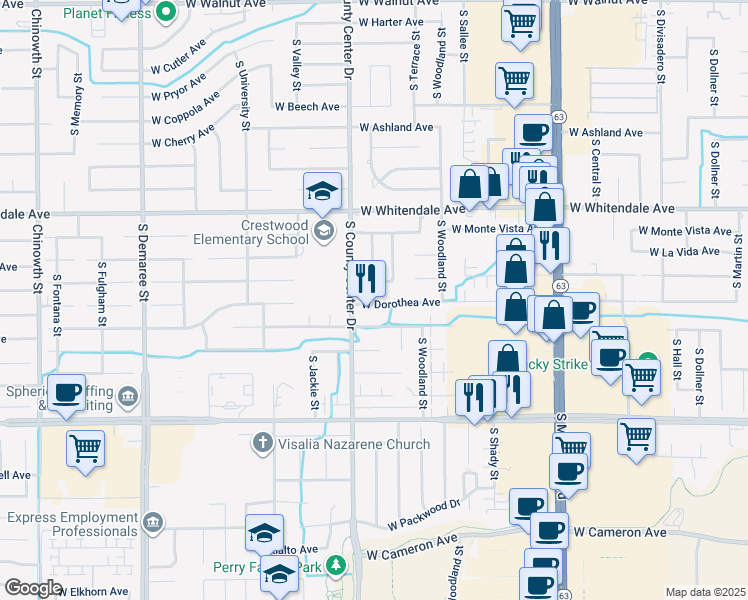 map of restaurants, bars, coffee shops, grocery stores, and more near 2820 West Dorothea Avenue in Visalia