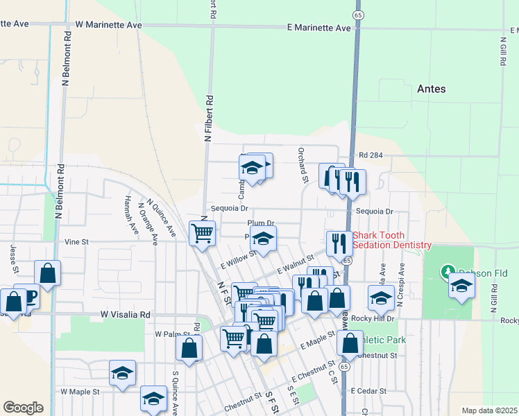 map of restaurants, bars, coffee shops, grocery stores, and more near 313 Sequoia Drive in Exeter