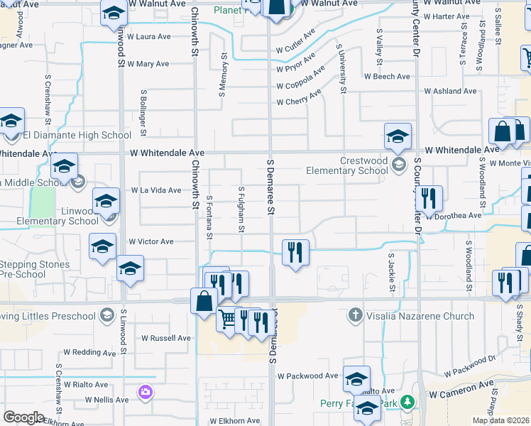 map of restaurants, bars, coffee shops, grocery stores, and more near 3727 West Sunnyside Court in Visalia
