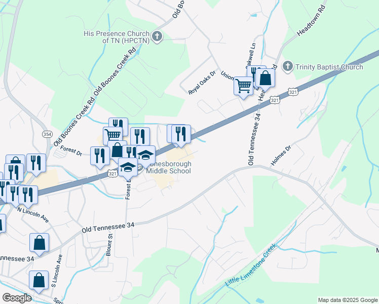 map of restaurants, bars, coffee shops, grocery stores, and more near 1200 U.S. 11E in Jonesborough