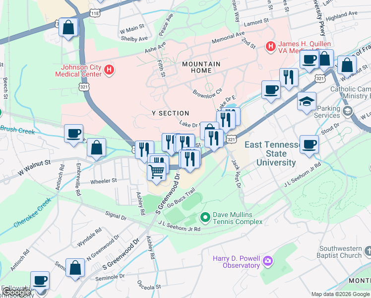 map of restaurants, bars, coffee shops, grocery stores, and more near 1710 Mary Street in Johnson City