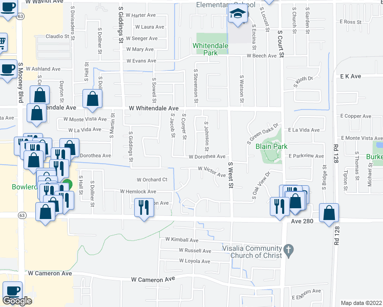map of restaurants, bars, coffee shops, grocery stores, and more near 744 West Dorothea Avenue in Visalia
