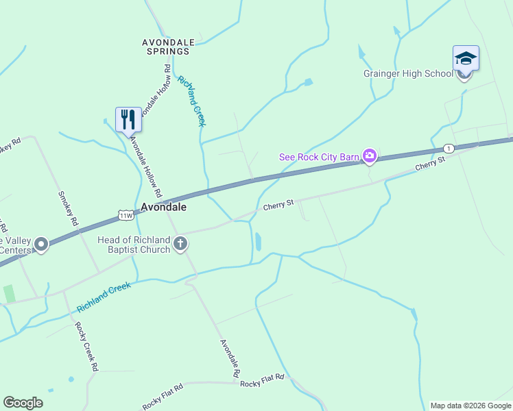 map of restaurants, bars, coffee shops, grocery stores, and more near Old U.S. 11W in Grainger County