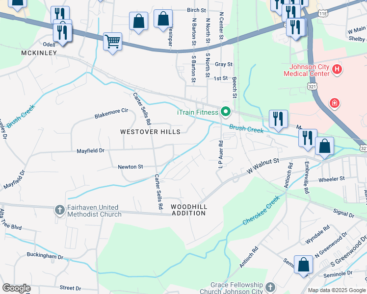 map of restaurants, bars, coffee shops, grocery stores, and more near 2707 Windwood Drive in Johnson City
