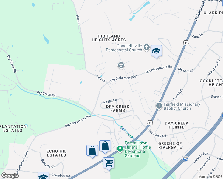 map of restaurants, bars, coffee shops, grocery stores, and more near Hitt Lane in Goodlettsville