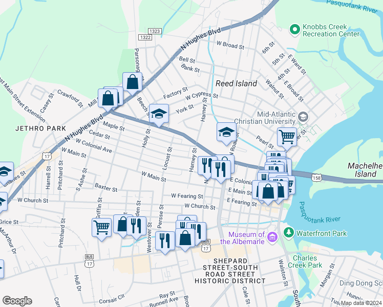 map of restaurants, bars, coffee shops, grocery stores, and more near 305 Harney Street in Elizabeth City