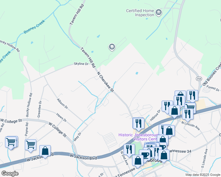 map of restaurants, bars, coffee shops, grocery stores, and more near 101 Thomson Meadow Lane in Jonesborough