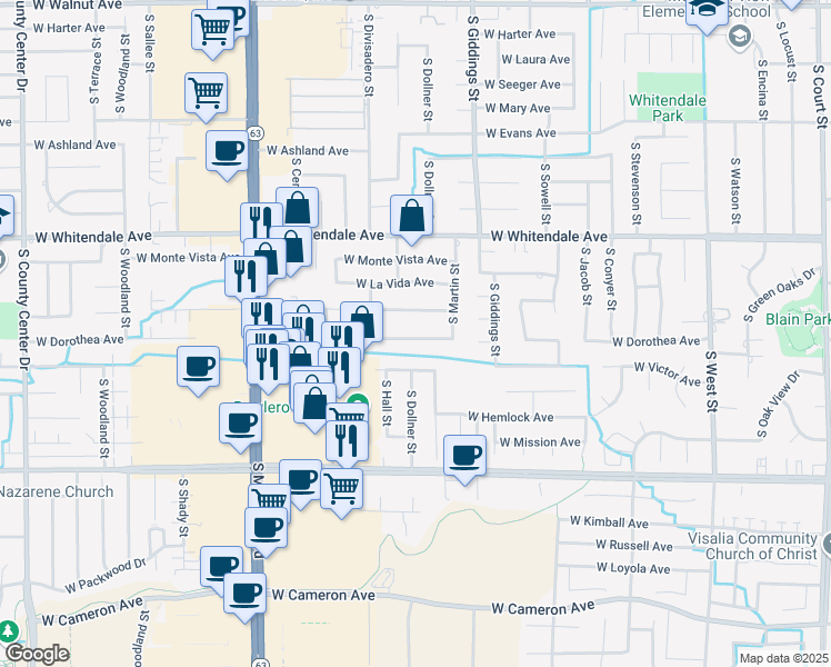 map of restaurants, bars, coffee shops, grocery stores, and more near 1522 West Dorothea Avenue in Visalia