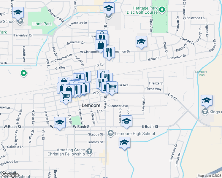 map of restaurants, bars, coffee shops, grocery stores, and more near 91 Magnolia Avenue in Lemoore