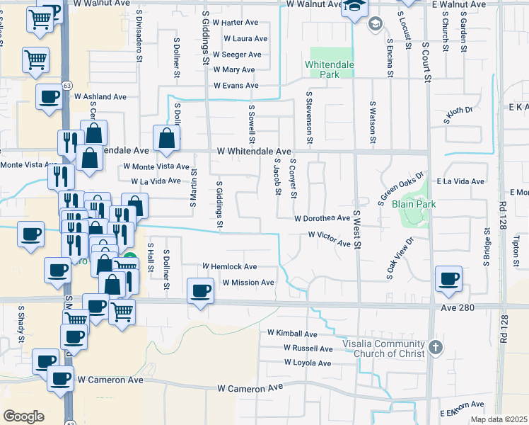 map of restaurants, bars, coffee shops, grocery stores, and more near 3037 South Vintage Street in Visalia