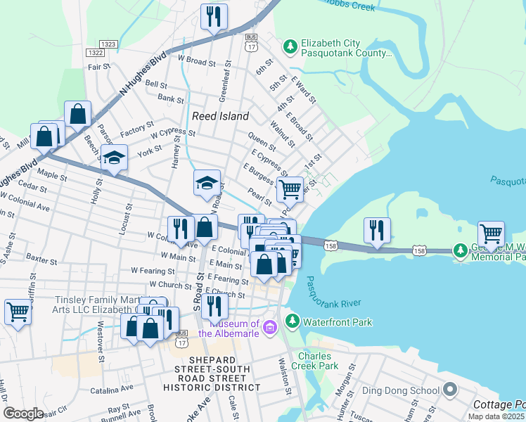 map of restaurants, bars, coffee shops, grocery stores, and more near 502 Pearl Street in Elizabeth City