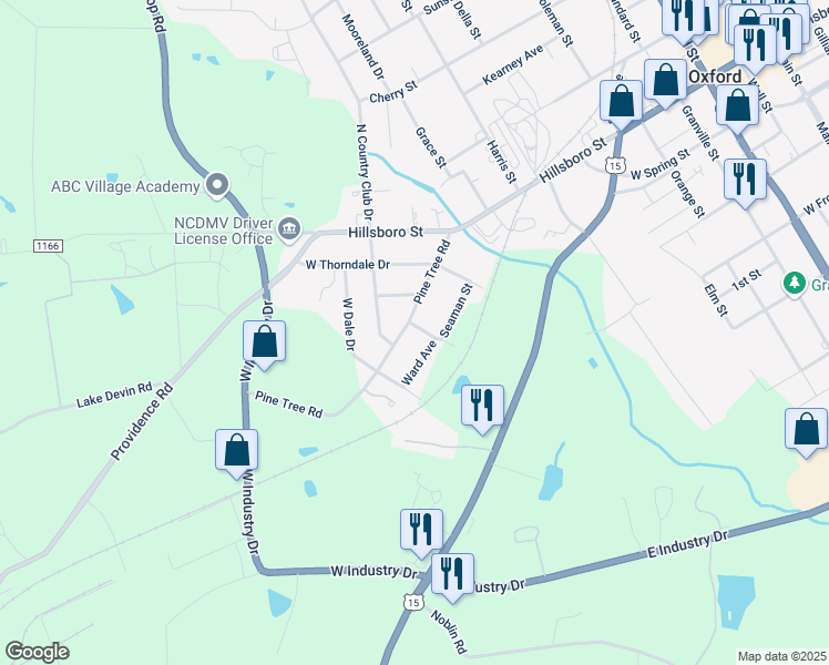 map of restaurants, bars, coffee shops, grocery stores, and more near 301 Pine Tree Road in Oxford