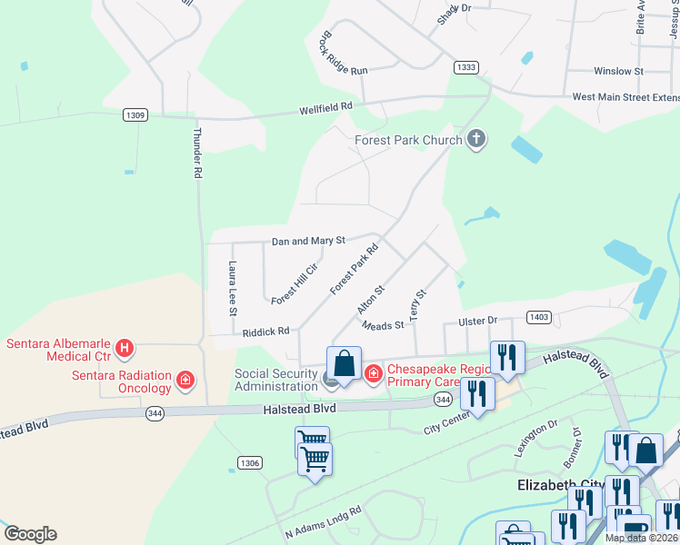 map of restaurants, bars, coffee shops, grocery stores, and more near 611 Forest Park Road in Elizabeth City