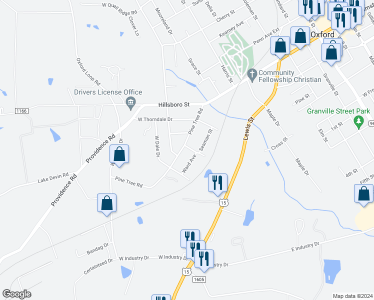 map of restaurants, bars, coffee shops, grocery stores, and more near 301 Pine Tree Road in Oxford