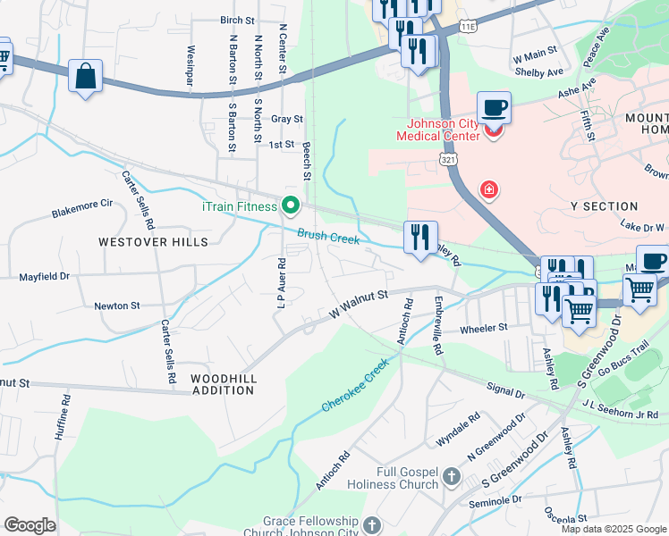 map of restaurants, bars, coffee shops, grocery stores, and more near 502 Mack Street in Johnson City