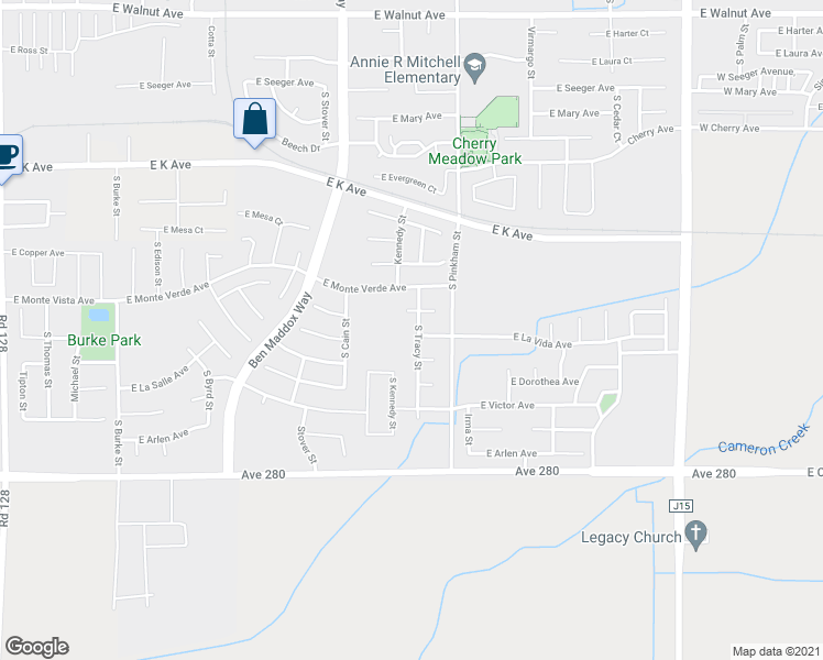 map of restaurants, bars, coffee shops, grocery stores, and more near 3043 South Tracy Street in Visalia