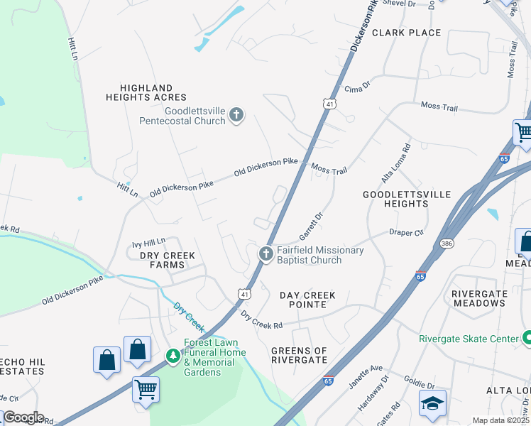 map of restaurants, bars, coffee shops, grocery stores, and more near 3101 Meadowcreek Circle in Goodlettsville