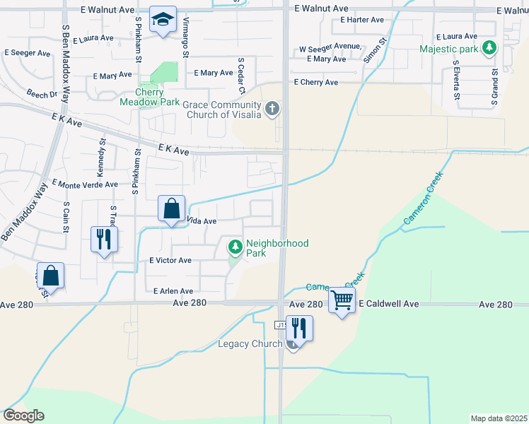 map of restaurants, bars, coffee shops, grocery stores, and more near 2727 Monte Vista Avenue in Visalia