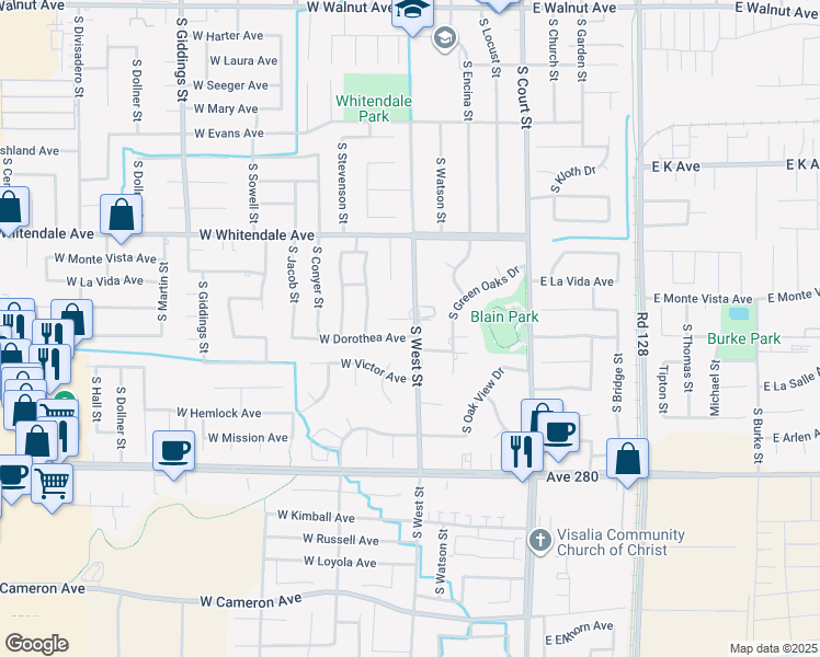 map of restaurants, bars, coffee shops, grocery stores, and more near 3039 South West Street in Visalia