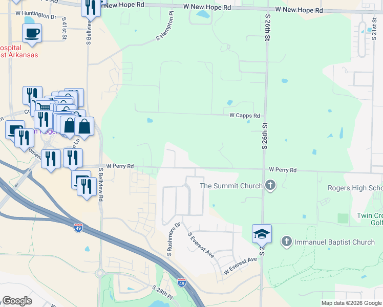map of restaurants, bars, coffee shops, grocery stores, and more near 2721 W Perry Rd in Rogers