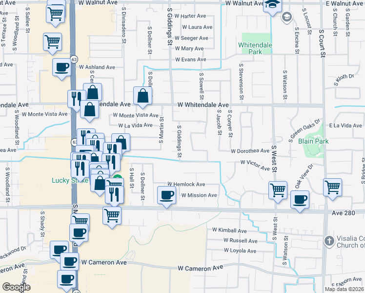 map of restaurants, bars, coffee shops, grocery stores, and more near 3100 South Giddings Street in Visalia