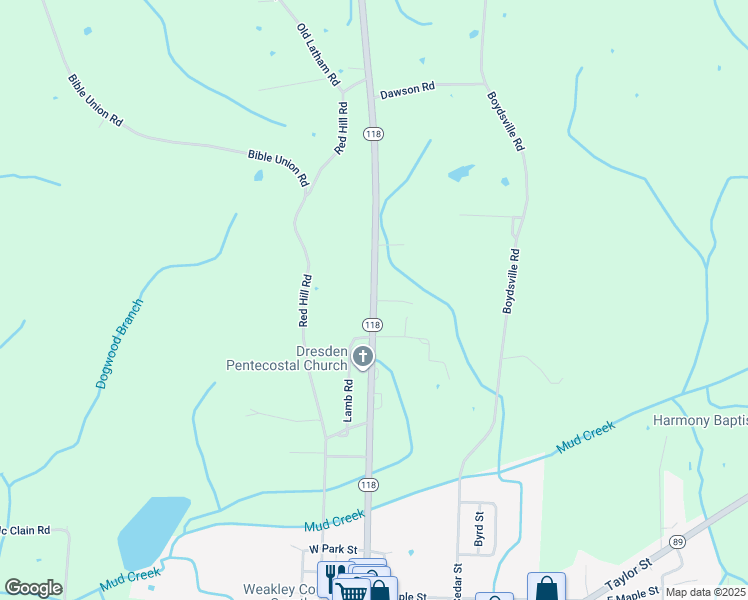 map of restaurants, bars, coffee shops, grocery stores, and more near Tennessee 118 in Dresden