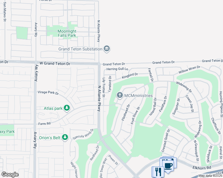map of restaurants, bars, coffee shops, grocery stores, and more near 7838 Lily Troter Street in North Las Vegas
