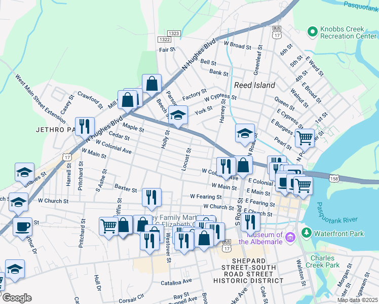 map of restaurants, bars, coffee shops, grocery stores, and more near 508 Cedar Street in Elizabeth City