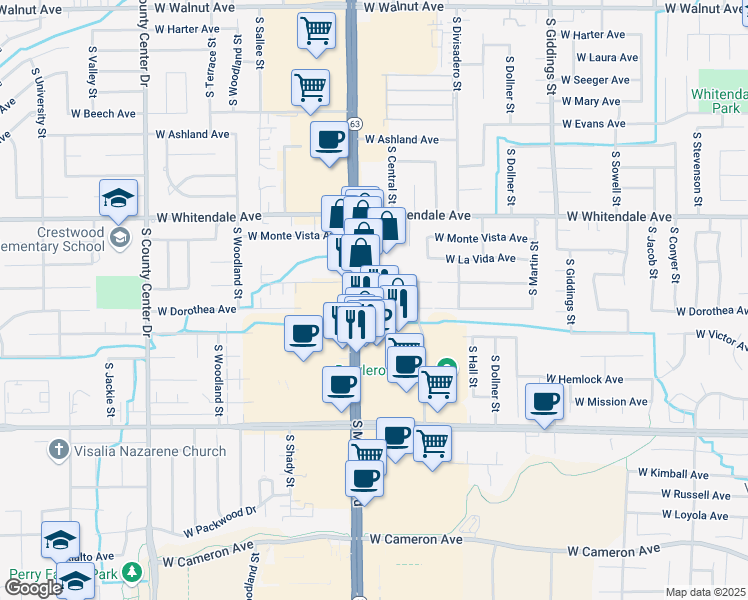 map of restaurants, bars, coffee shops, grocery stores, and more near 2008 West Dorothea Avenue in Visalia