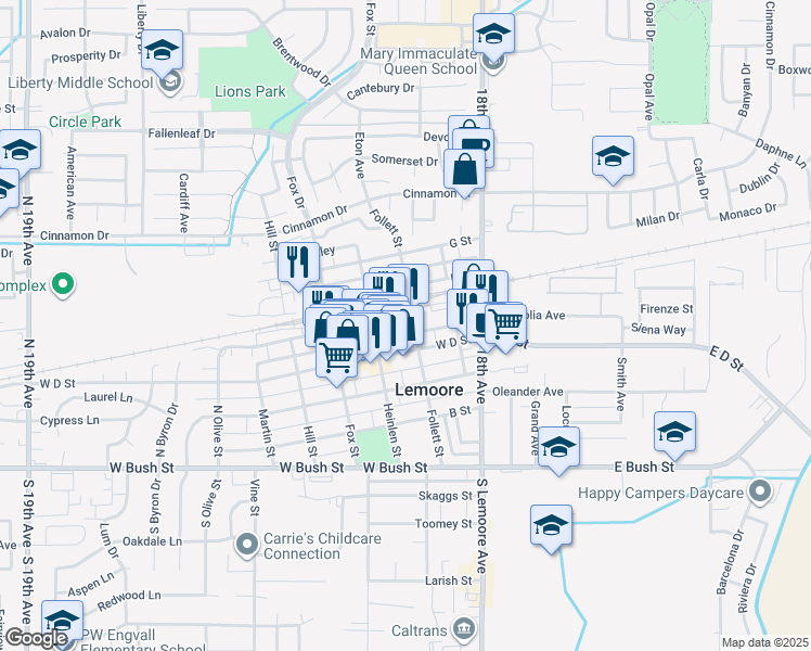 map of restaurants, bars, coffee shops, grocery stores, and more near 203 E Street in Lemoore