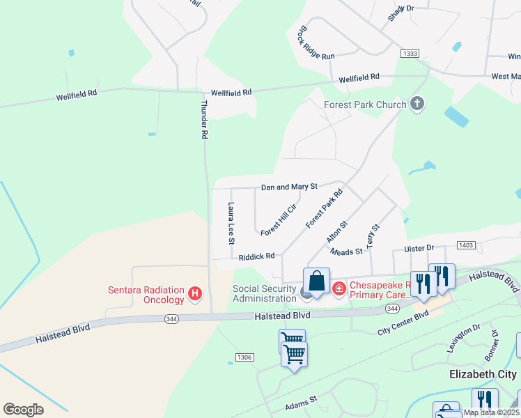 map of restaurants, bars, coffee shops, grocery stores, and more near 619 Forest Hill Circle in Elizabeth City