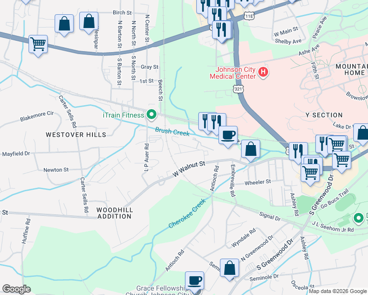 map of restaurants, bars, coffee shops, grocery stores, and more near 2406 Textile Street in Johnson City