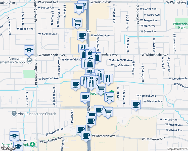 map of restaurants, bars, coffee shops, grocery stores, and more near in Visalia