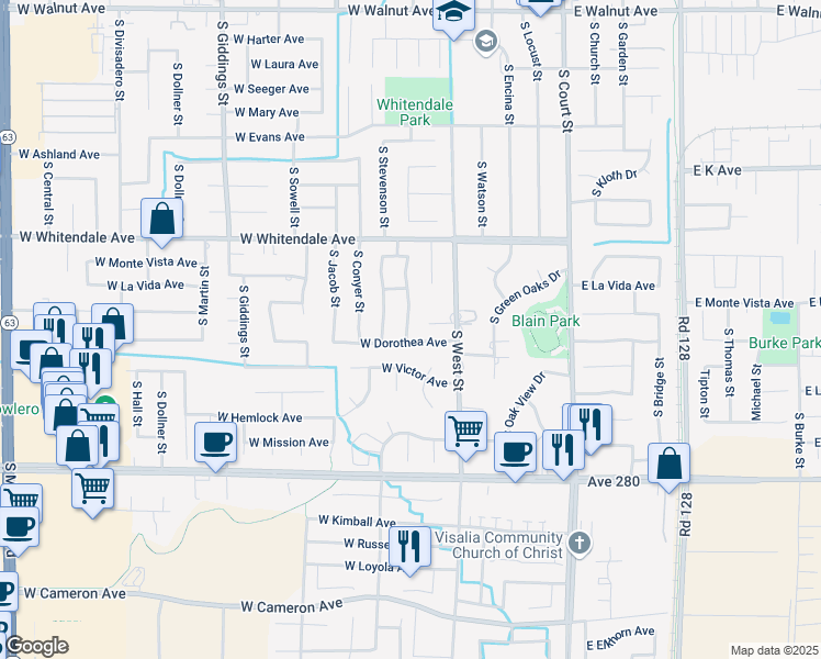 map of restaurants, bars, coffee shops, grocery stores, and more near 3048 South Johnson Street in Visalia