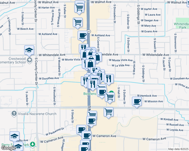 map of restaurants, bars, coffee shops, grocery stores, and more near 2008 West Dorothea Avenue in Visalia
