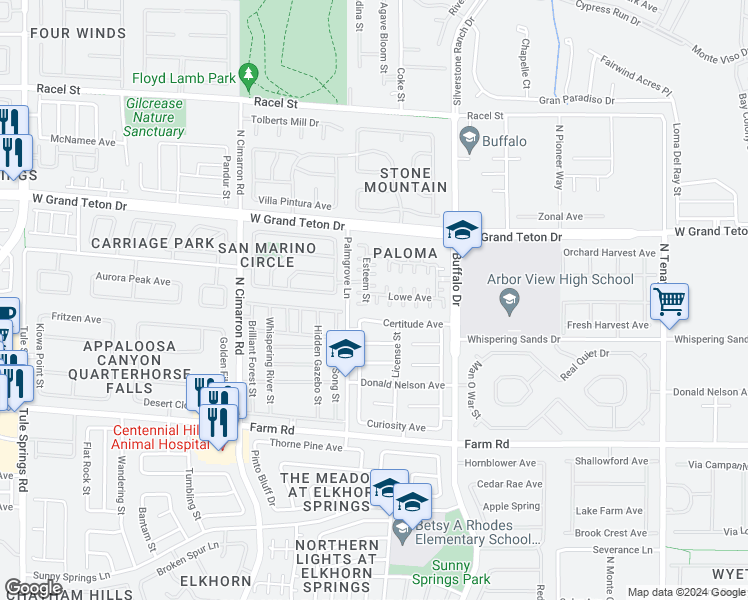 map of restaurants, bars, coffee shops, grocery stores, and more near 7809 Idle Spring Court in Las Vegas