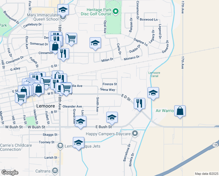 map of restaurants, bars, coffee shops, grocery stores, and more near 635 Firenze Street in Lemoore