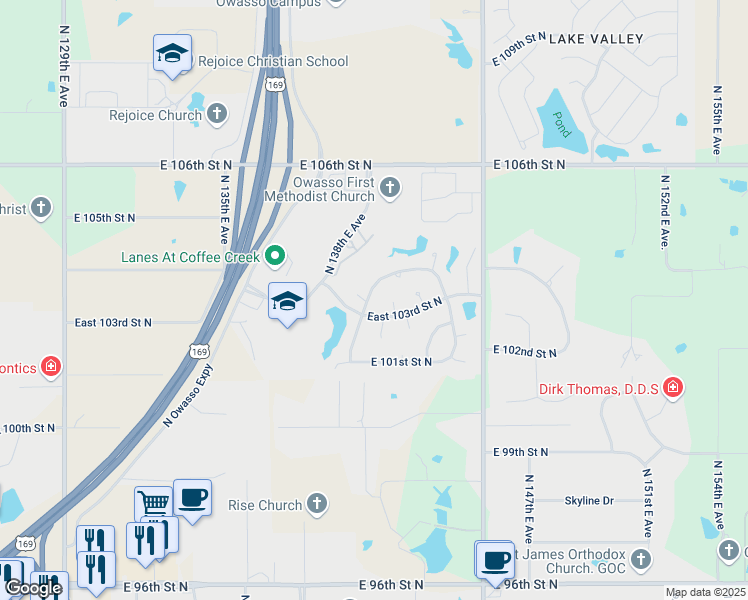 map of restaurants, bars, coffee shops, grocery stores, and more near 10305 North 140th East Avenue in Owasso