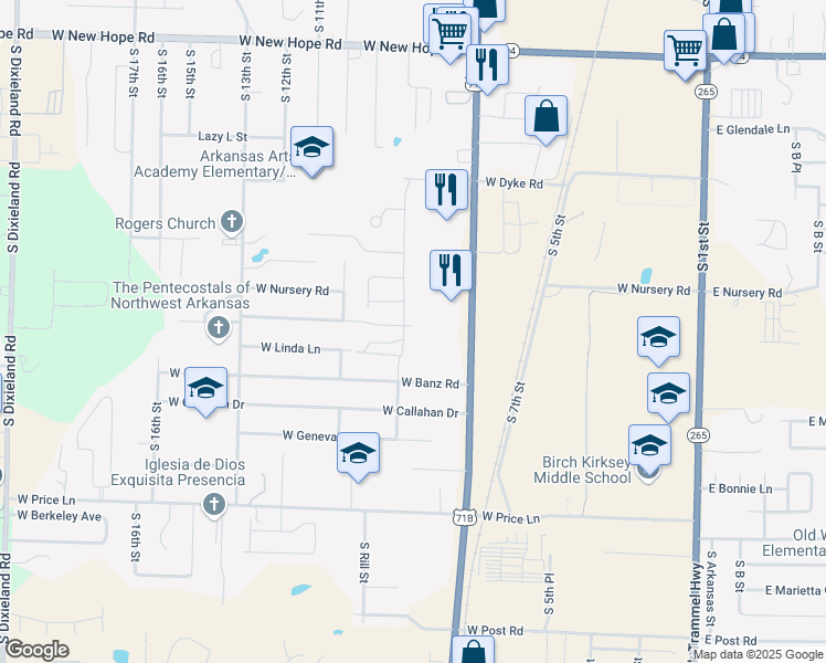map of restaurants, bars, coffee shops, grocery stores, and more near 2202 South 8th Street in Rogers